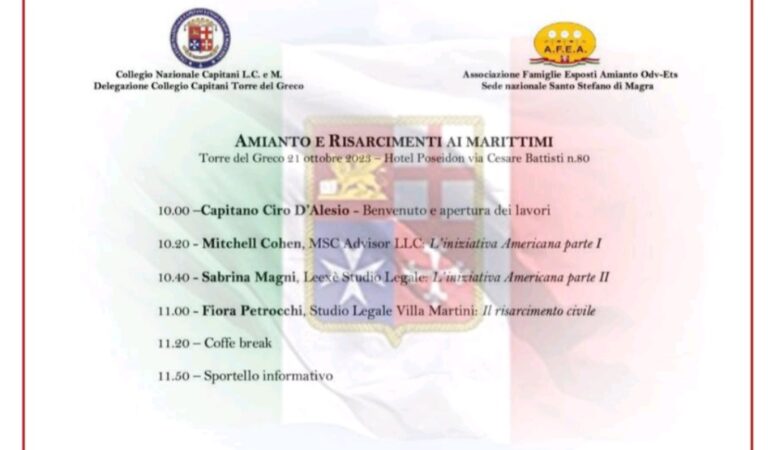 Amianto e Risarcimento ai Marittimi, il 21 ottobre convegno a Torre del Greco